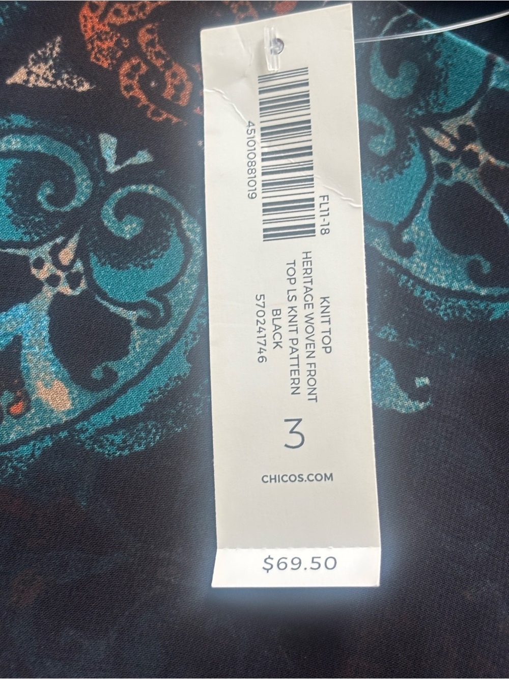 NWT Chico’s Black Floral Asymmetric L/S Mixed Media Top, Size Extra Large - Picture 9 of 11